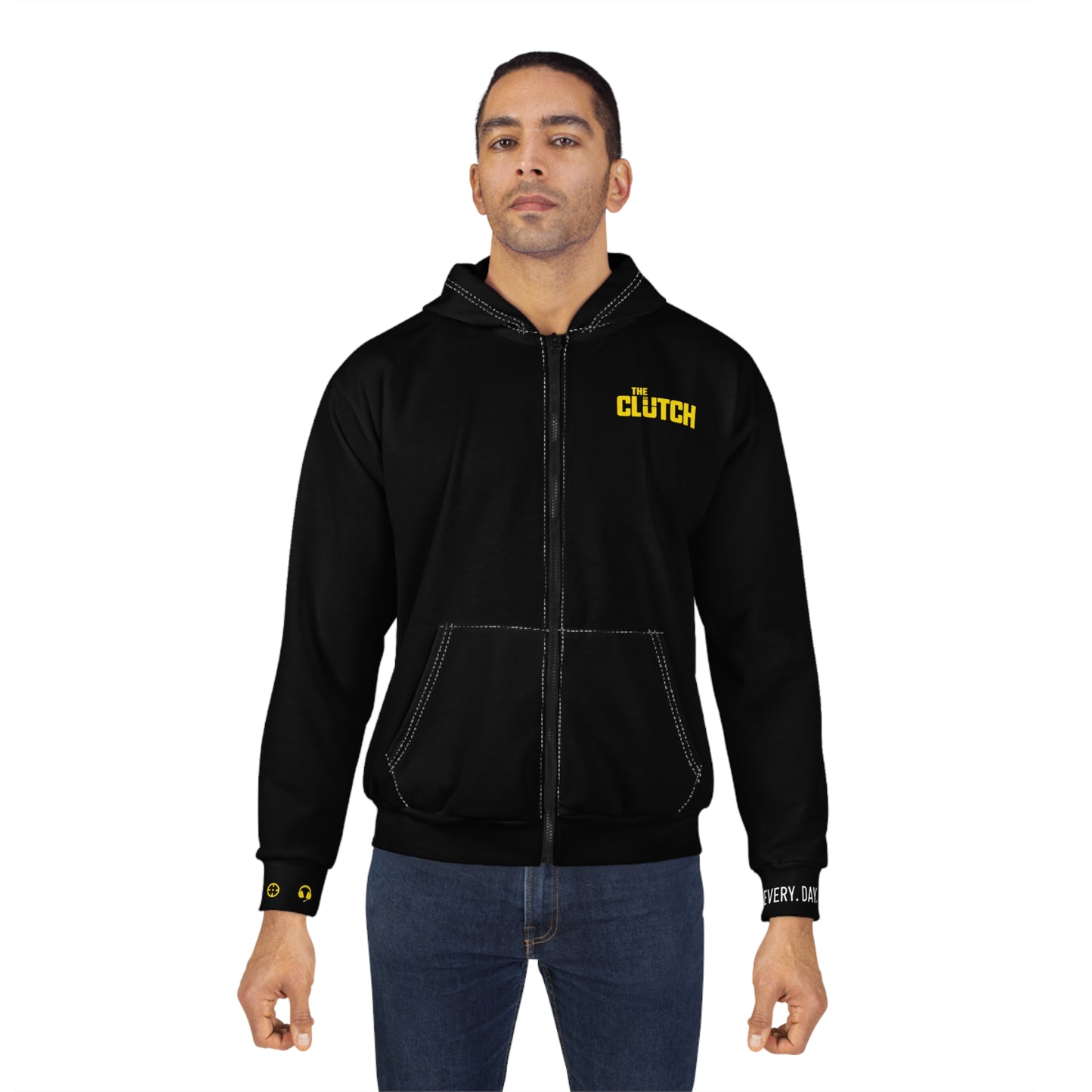 Clutch Logo Zip Hoodie — Black All-Over Print Streetwear