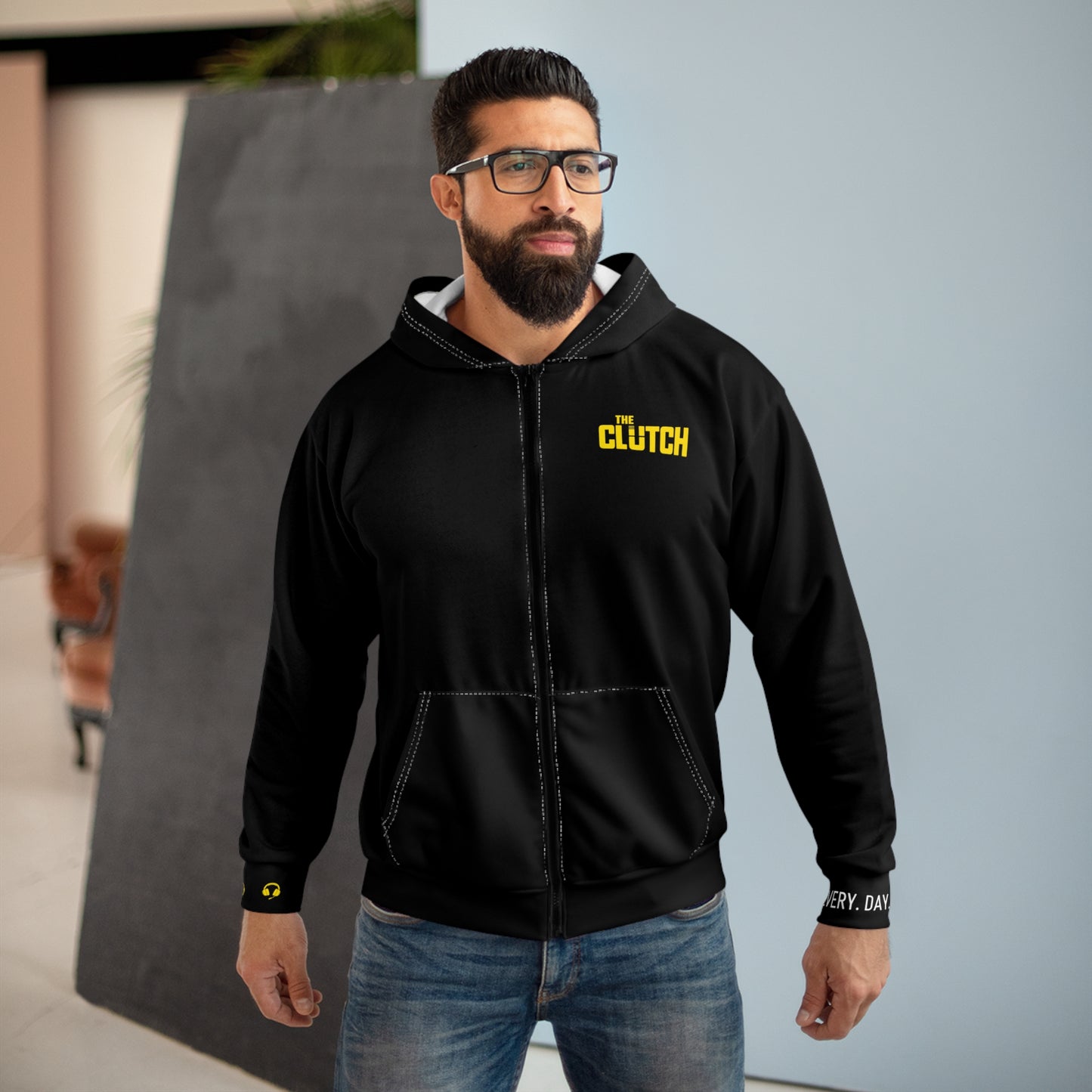 Clutch Logo Zip Hoodie — Black All-Over Print Streetwear