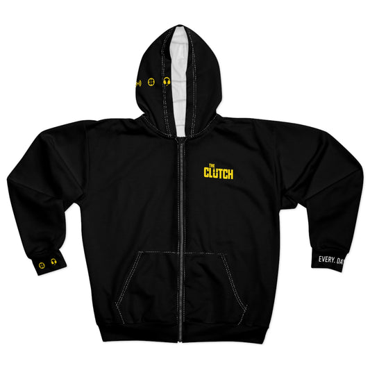 Clutch Logo Zip Hoodie — Black All-Over Print Streetwear